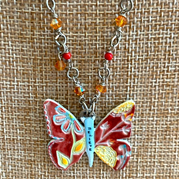 Caroline Simas Signed Cottagecore Enamel Butterfly Beaded Necklace - Picture 1 of 6